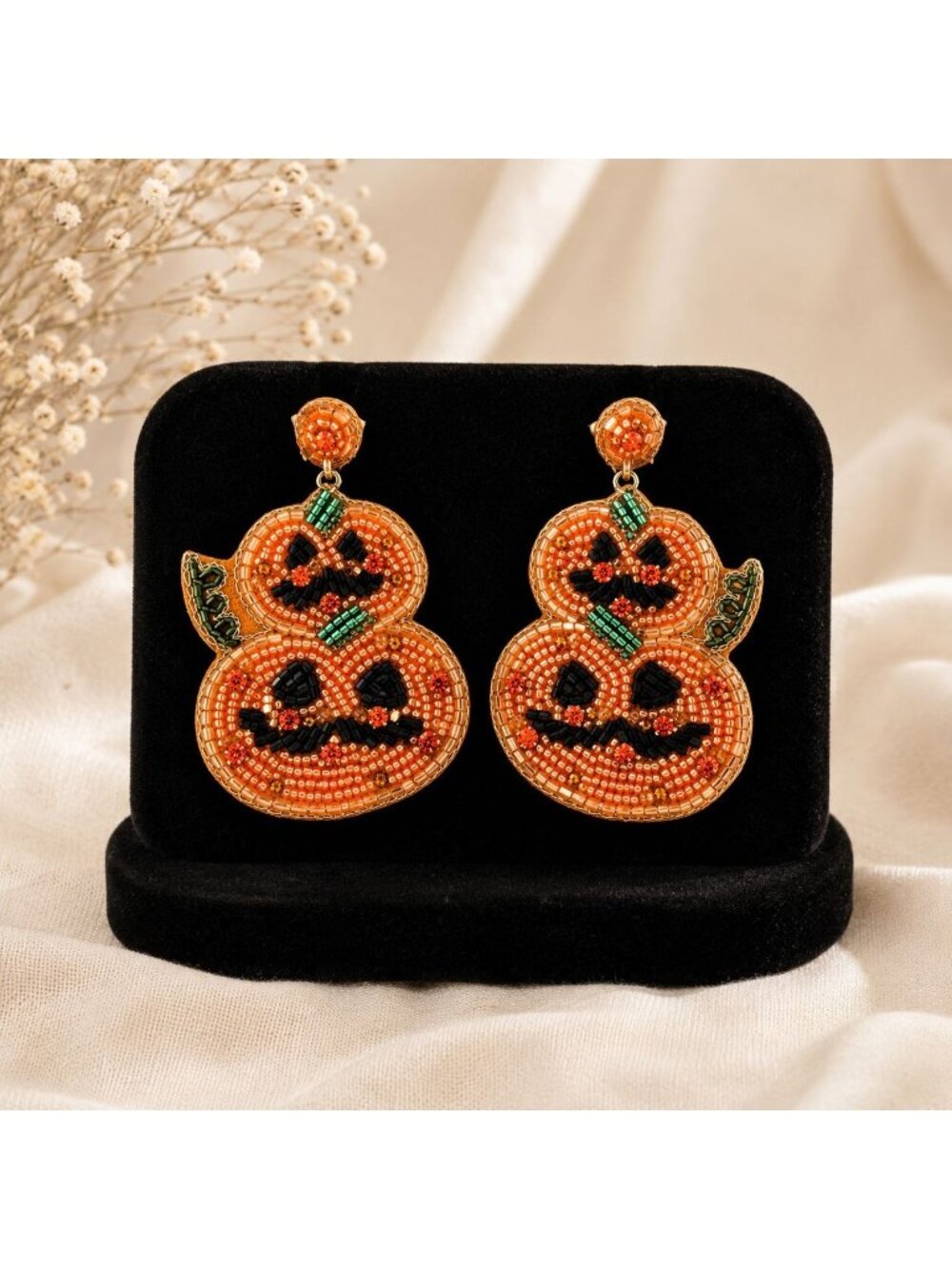 Artisan Halloween Beaded Earrings Stacked Pumpkin Dangle Spooky Statement Jewelr